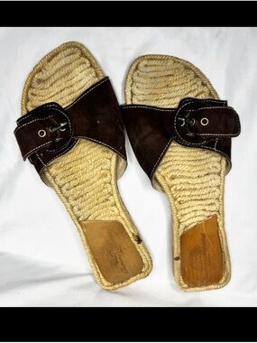 Tommy Bahama Dark Brown Suede Slide Mules with Rope Footbed